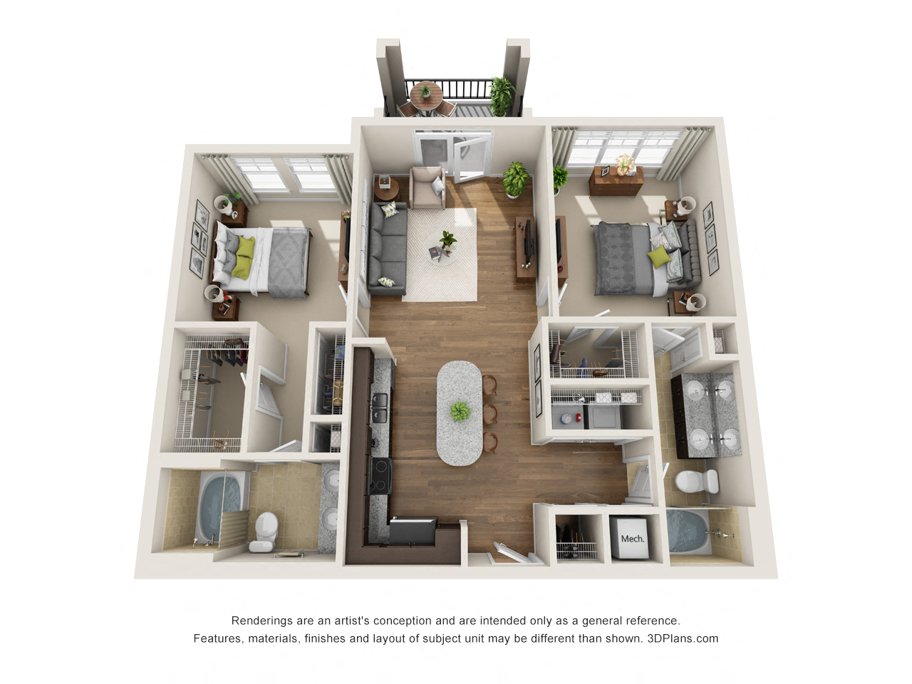 Floor plan for 2 beds, 2 baths, 1097 sqft
