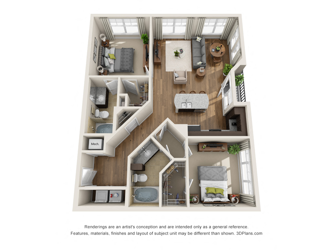 Floor plan for 2 beds, 2 baths, 1088 sqft