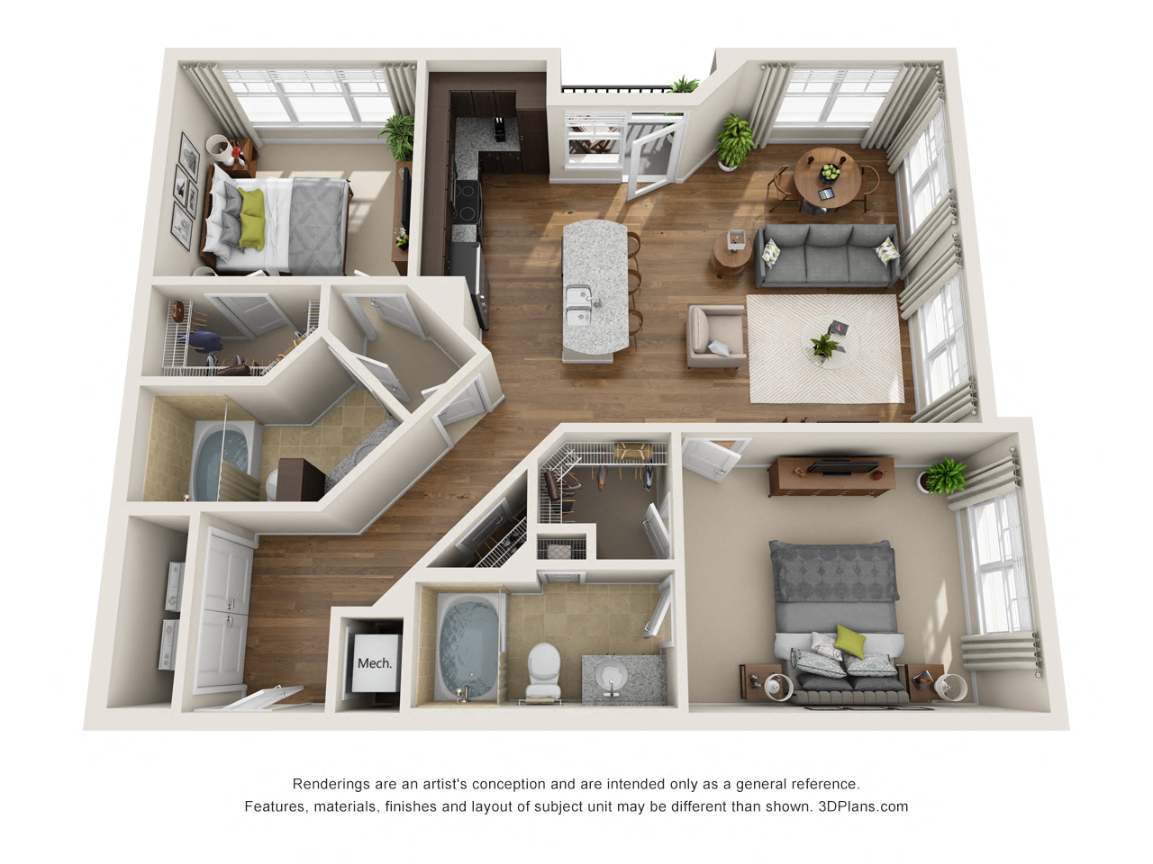 Floor plan for 2 beds, 2 baths, 1113 sqft