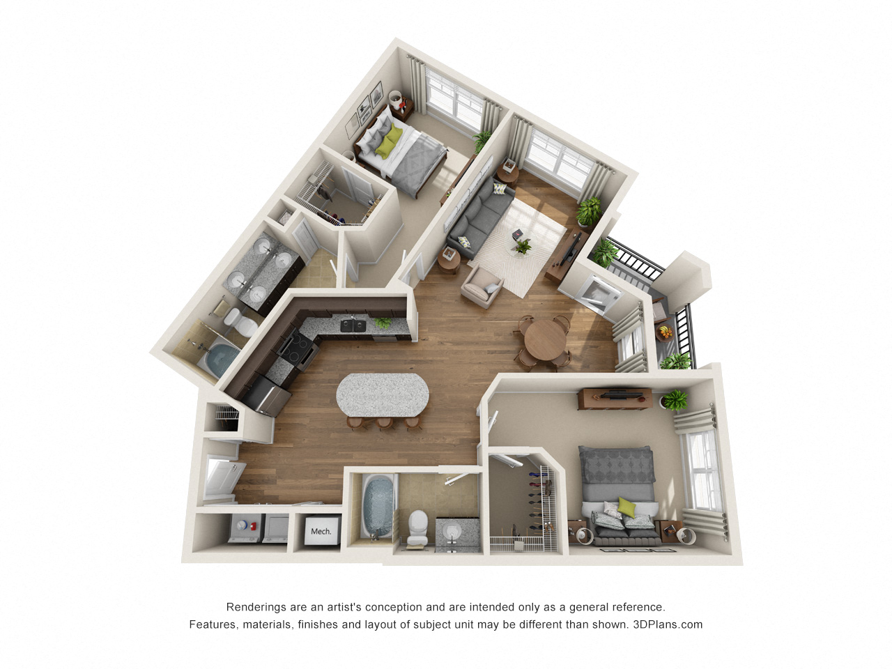 Floor plan for 2 beds, 2 baths, 1173 sqft