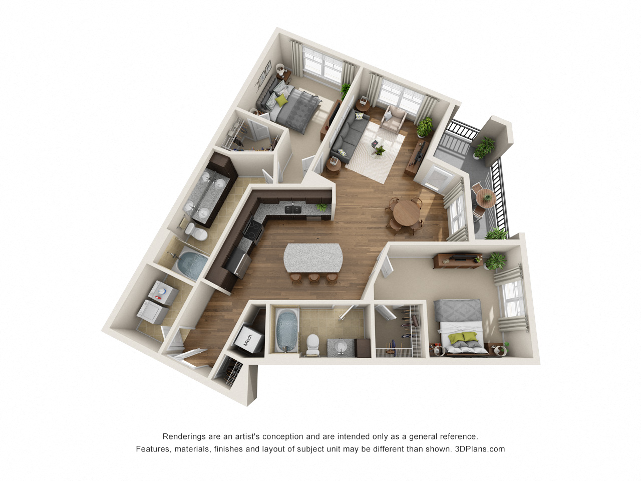 Floor plan for 2 beds, 2 baths, 1134 sqft