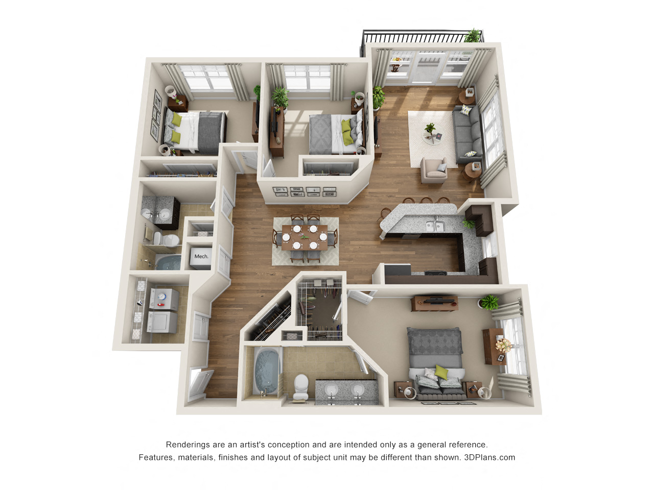 Floor plan for 3 beds, 2 baths, 1461 sqft