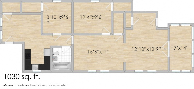 Floor plan for 2 beds, 1 bath, 1100 sqft