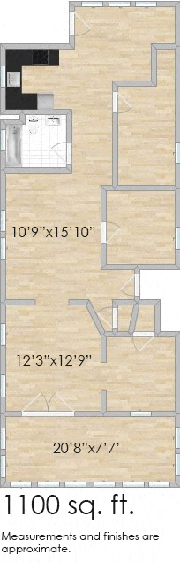 Floor plan for 2 beds, 1 bath, 1100 sqft