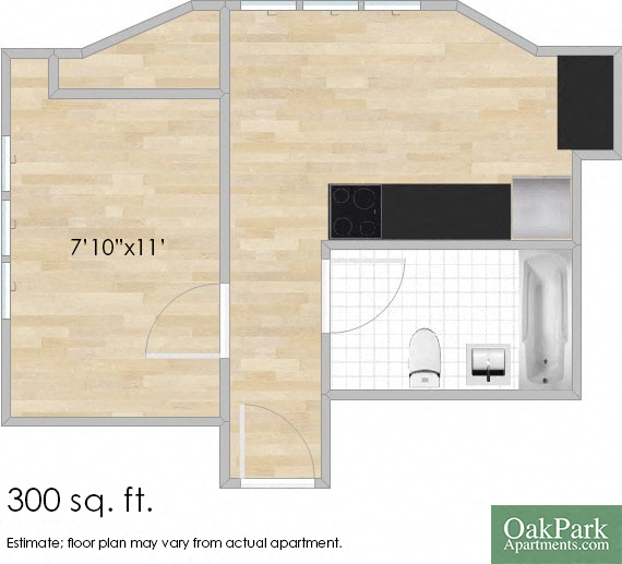 Floor plan for studio, 1 bath, 300 sqft