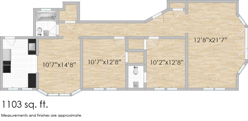 Floor plan for 2 beds, 1.5 baths, 1103 sqft