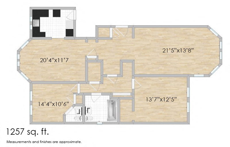 Floor plan for 2 beds, 1.5 baths, 1257 sqft