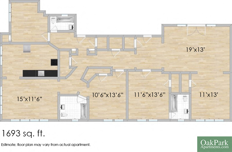 Floor plan for 3 beds, 3 baths, 1693 sqft