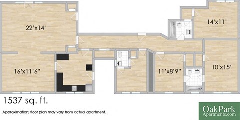 Floor plan for 3 beds, 2.5 baths, 1537 sqft