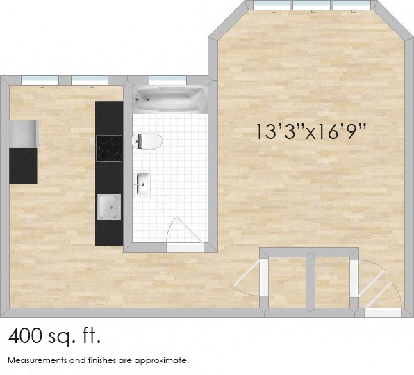Floor plan for studio, 1 bath, 400 sqft