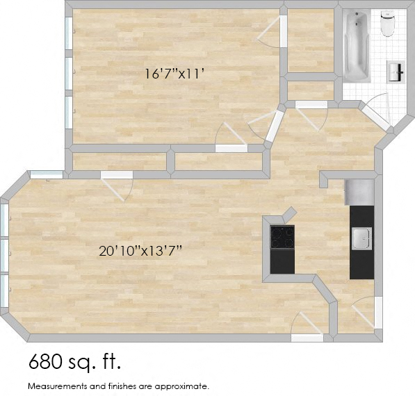 Floor plan for 1 bed, 1 bath, 739 sqft