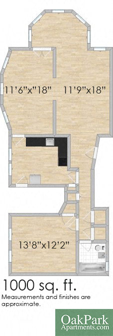 Floor plan for 1 bed, 1 bath, 1003 sqft