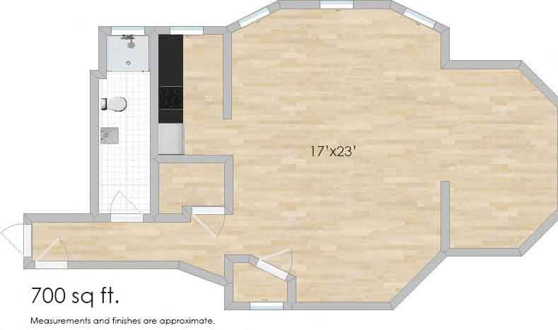 Floor plan for studio, 1 bath, 777 sqft