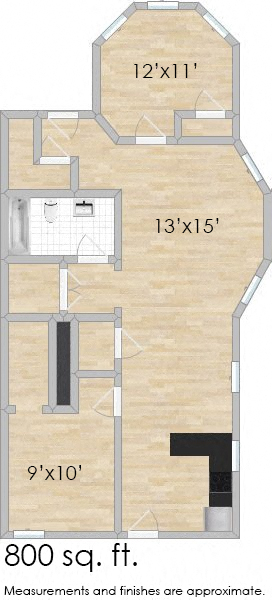Floor plan for 2 beds, 1 bath, 1000 sqft