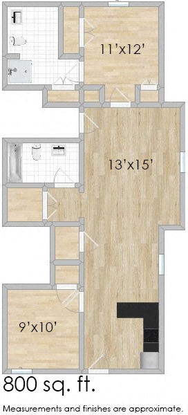Floor plan for 2 beds, 2 baths, 1000 sqft