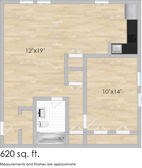 Floor plan for 1 bed, 1 bath, 700 sqft