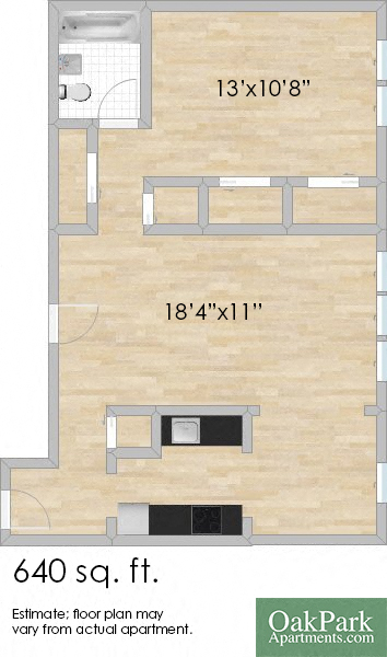 Floor plan for 1 bed, 1 bath, 641 sqft