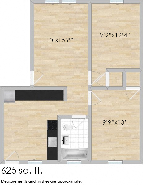 Floor plan for 1 bed, 1 bath, 640 sqft