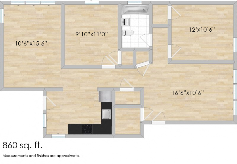 Floor plan for 2 beds, 1 bath, 910 sqft