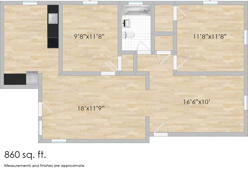 Floor plan for 2 beds, 1 bath, 860 sqft