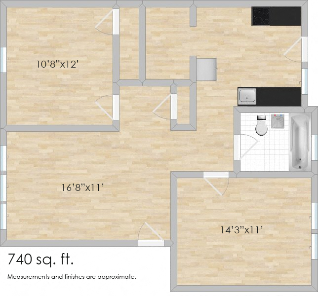 Floor plan for 1 bed, 1 bath, 745 sqft