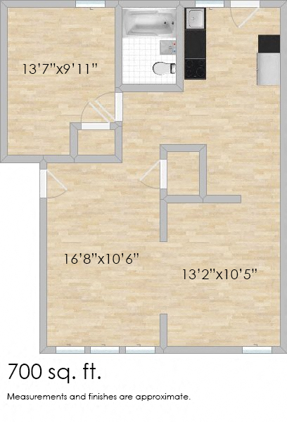 Floor plan for 1 bed, 1 bath, 700 sqft