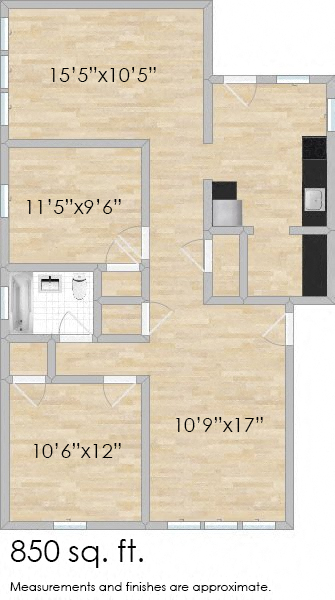 Floor plan for 2 beds, 1 bath, 925 sqft