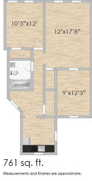 Floor plan for 2 beds, 1 bath, 761 sqft