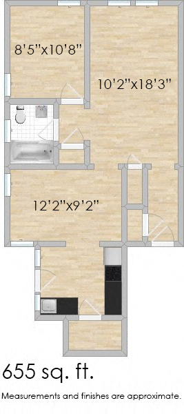 Floor plan for 1 bed, 1 bath, 655 sqft