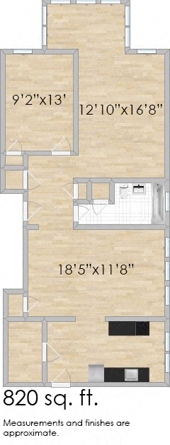 Floor plan for 1 bed, 1 bath, 980 sqft