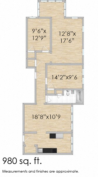 Floor plan for 2 beds, 1 bath, 1128 sqft