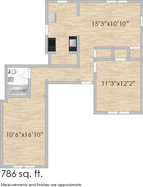 Floor plan for 1 bed, 1 bath, 786 sqft