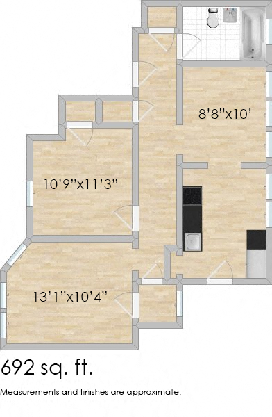 Floor plan for 1 bed, 1 bath, 692 sqft