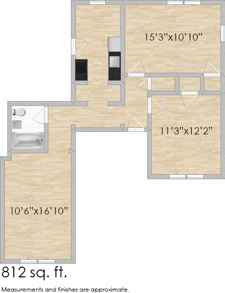 Floor plan for 1 bed, 1 bath, 812 sqft