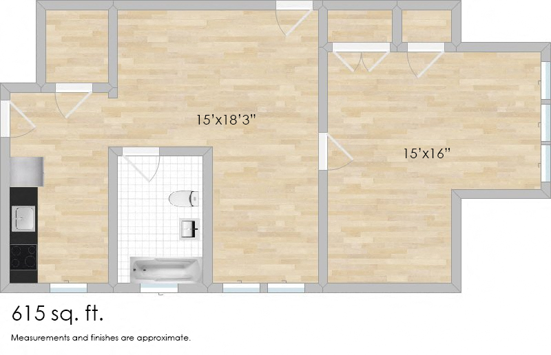 Floor plan for 1 bed, 1 bath, 615 sqft