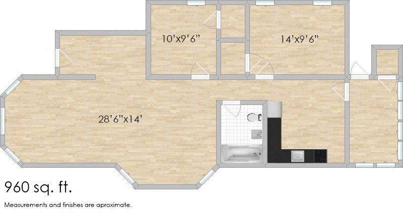 Floor plan for 2 beds, 1 bath, 1050 sqft