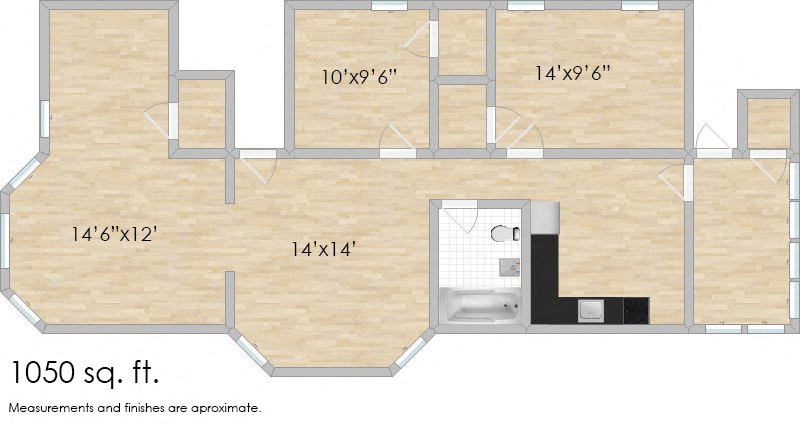 Floor plan for 2 beds, 1 bath, 1050 sqft