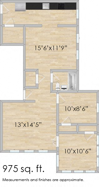Floor plan for 1 bed, 1 bath, 877 sqft