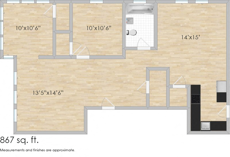 Floor plan for 1 bed, 1 bath, 877 sqft