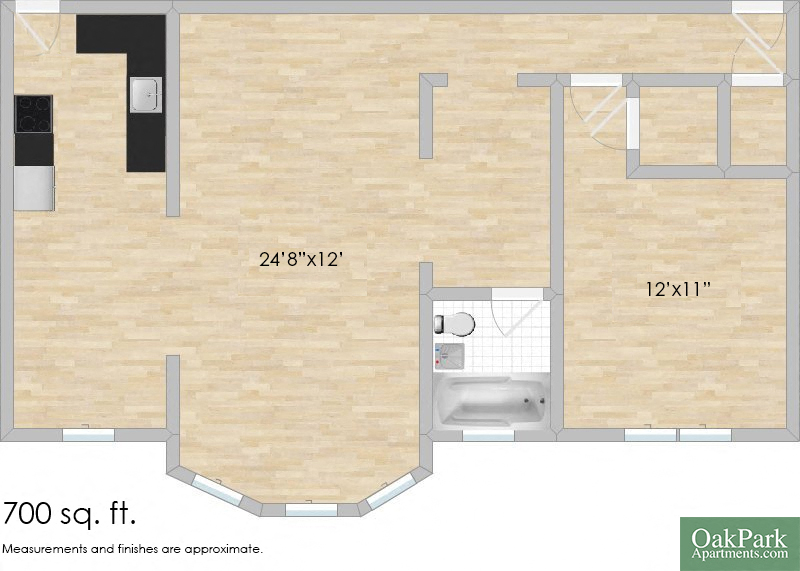 Floor plan for 1 bed, 1 bath, 867 sqft