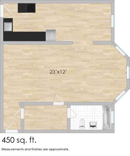 Floor plan for studio, 1 bath, 574 sqft