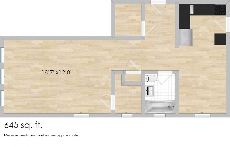 Floor plan for studio, 1 bath, 645 sqft