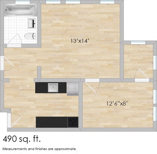 Floor plan for 1 bed, 1 bath, 490 sqft