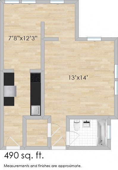 Floor plan for studio, 1 bath, 490 sqft
