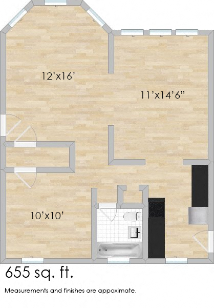 Floor plan for 1 bed, 1 bath, 655 sqft