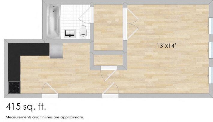 Floor plan for studio, 1 bath, 415 sqft