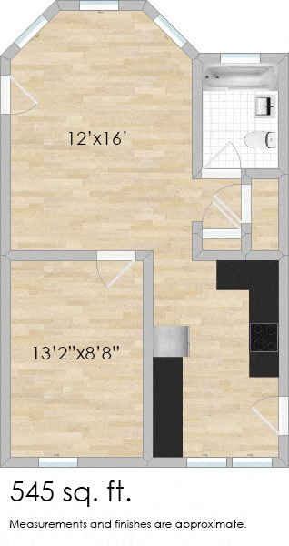 Floor plan for 1 bed, 1 bath, 542 sqft