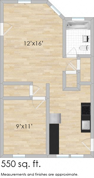 Floor plan for 1 bed, 1 bath, 550 sqft