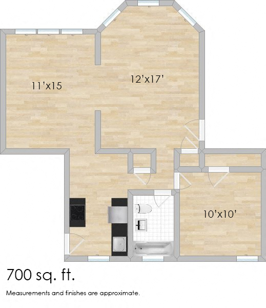 Floor plan for 1 bed, 1 bath, 700 sqft