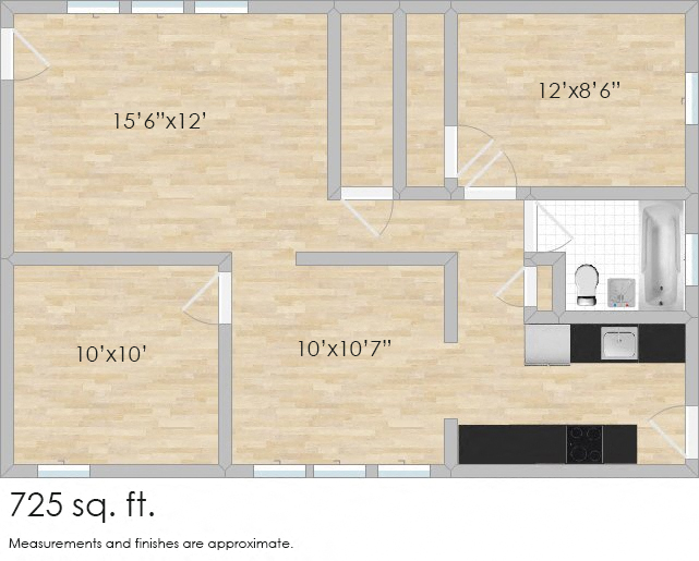 Floor plan for 2 beds, 1 bath, 725 sqft